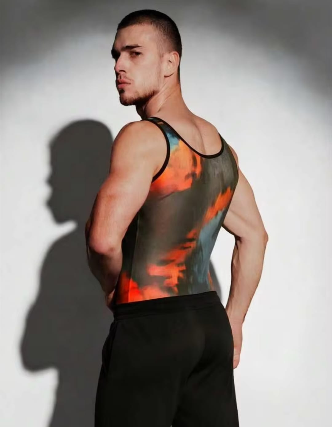 Men's Abstract Tie-Dye Sheer Mesh Sleeveless Tank Top Body Sculpting Bodysuit